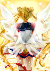 Rule 34 | 1990s (style), 1girl, beni kingyo, bishoujo senshi sailor moon, bishoujo senshi sailor moon sailor stars, blonde hair, blue sailor collar, choker, double bun, elbow gloves, eternal sailor moon, from behind, gloves, layered skirt, long hair, multicolored clothes, multicolored skirt, retro artstyle, sailor collar, sailor moon, see-through, skirt, solo, tsukino usagi, twintails, very long hair, white gloves, wings, yellow background, yellow theme