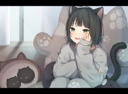 Rule 34 | 1girl, :d, amashiro natsuki, animal ear fluff, animal ears, black hair, blurry, blurry background, blush, cat ears, cat girl, cat tail, commentary, curtains, depth of field, fang, green eyes, green nails, grey pants, grey sweater, hand up, highres, indoors, letterboxed, long sleeves, mole, mole under eye, nail polish, open mouth, original, pants, sitting, sleeves past wrists, smile, solo, sweater, symbol-only commentary, tail, window
