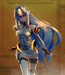 Rule 34 | 1girl, android, blue hair, breasts, commentary request, cyborg, erufa (pixiv), forehead protector, highres, horror (theme), kos-mos, long hair, red eyes, solo, xenosaga