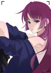 Rule 34 | 1girl, alternate costume, arril100, bare shoulders, blue eyes, blue jacket, blunt ends, chromatic aberration, closed mouth, eyelashes, grey background, highres, jacket, leaning back, long hair, looking at viewer, monogatari (series), off shoulder, parted bangs, purple hair, senjougahara hitagi, shadow, shirt, simple background, sleeveless, smile, solo, upper body, viewfinder, white shirt