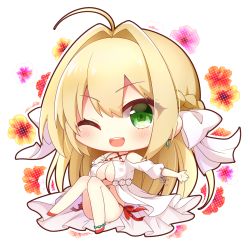 Rule 34 | 1girl, ;d, ahoge, bare shoulders, bikini, blonde hair, blush, braid, breasts, chibi, cleavage, clothing cutout, commentary request, criss-cross halter, fate/grand order, fate (series), floral background, flower, green eyes, hair between eyes, hair intakes, halterneck, knees together feet apart, knees up, large breasts, long hair, long sleeves, nero claudius (fate), nero claudius (fate) (all), nero claudius (swimsuit caster) (fate), nero claudius (swimsuit caster) (third ascension) (fate), one eye closed, open mouth, outstretched arm, puffy long sleeves, puffy sleeves, purple flower, red flower, red footwear, shoulder cutout, side-tie bikini bottom, simple background, sitting, smile, solo, striped bikini, striped clothes, swimsuit, teeth, upper teeth only, very long hair, white background, white flower, yukiyuki 441