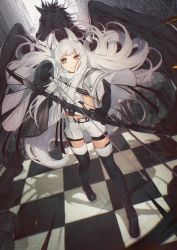 Rule 34 | 1girl, absurdres, animal ear fluff, animal ears, arknights, arrow (projectile), belt, belt buckle, black footwear, black gloves, black thighhighs, boots, bow (weapon), brown eyes, buckle, chessboard, elbow gloves, floating hair, full body, gloves, highres, holding, holding bow (weapon), holding weapon, horse ears, horse girl, horse tail, huge filesize, knee boots, long hair, long sleeves, looking at viewer, parted lips, pawn (chess), pegasus, platinum (arknights), revealing clothes, shorts, silver hair, solo, standing, tail, takeno (hashi falcon), thighhighs, v-shaped eyebrows, very long hair, weapon, white shorts, zipper