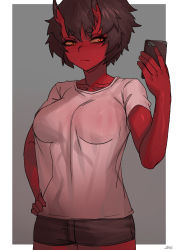 Rule 34 | 1girl, black shorts, border, brown hair, cellphone, closed mouth, colored skin, grey background, hand on own hip, hand up, holding, holding phone, horns, kidouko (zakusi), looking at viewer, no bra, oni, oni horns, orange eyes, original, phone, red oni, red skin, shirt, short hair, short shorts, shorts, simple background, smartphone, solo, white border, white shirt, zakusi