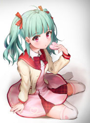 Rule 34 | 1girl, ahoge, arm support, battle girl high school, blush, bow, bowtie, buttons, closed mouth, collared shirt, commentary request, gradient background, green hair, hair ribbon, hand up, heart, highres, holding, jacket, kiyosato 0928, long hair, long sleeves, looking at viewer, no shoes, open clothes, open jacket, pink skirt, plaid, plaid bow, plaid bowtie, plaid neckwear, red bow, red bowtie, red eyes, red ribbon, ribbon, sadone, school uniform, shirt, sitting, skirt, solo, thighhighs, twintails, white background, white jacket, white shirt, white thighhighs, wing collar, yokozuwari, zettai ryouiki