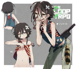 Rule 34 | 1girl, absurdres, bandaid, bandaid on face, bandaid on nose, black hair, border, brown eyes, butcher knife, clothes lift, cross scar, female focus, flat chest, grey background, hair ornament, hand to own mouth, highres, jitome, kometsubu, leaning forward, lifted by self, looking at viewer, navel, open mouth, original, outside border, pants, scar, sharp teeth, shirt, shirt lift, single sidelock, smile, solo, striped clothes, striped shirt, tales from the loop, tank top, teeth, torn clothes, torn pants, white border