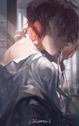 Rule 34 | 1boy, bandaid, bandaid on neck, calamitail, collared shirt, facing to the side, green eyes, green hair, grey shirt, highres, hypnosis mic, kannonzaka doppo, looking at viewer, male focus, multicolored hair, multicolored shirt, parted lips, red hair, shirt, shirt partially removed, short hair, solo, striped clothes, striped shirt, water drop, white shirt