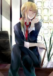 Rule 34 | 1boy, afuro terumi, androgynous, blonde hair, clipboard, colored eyelashes, desk, formal, inazuma eleven, inazuma eleven (series), inazuma eleven go, komkomx, crossed legs, long hair, looking at viewer, male focus, necktie, plant, ponytail, red eyes, sitting, smile, solo, suit