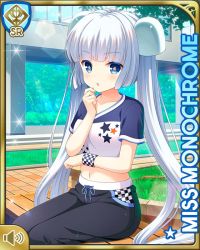 Rule 34 | 1girl, :o, black footwear, black pants, blue eyes, blunt bangs, card, character name, day, girlfriend (kari), midriff, miss monochrome, miss monochrome (character), navel, official art, open mouth, outdoors, pants, qp:flapper, shirt, sitting, solo, tagme, twintails, white hair, white shirt