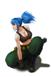 Rule 34 | 1girl, baggy pants, bare shoulders, belt, black gloves, blue eyes, blue hair, breasts, cleavage, crop top, explosive, gloves, grenade, grenade pin, large breasts, leona heidern, lips, long hair, matching hair/eyes, midriff, mouth hold, nose, on one knee, pants, ponytail, solo, tank top, the king of fighters, white background, yong nin young