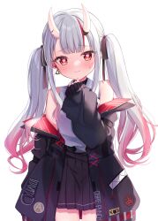 Rule 34 | 1girl, absurdres, blush, grey hair, heart, heart-shaped pupils, highres, hololive, horns, ineka ka, long hair, looking at viewer, multicolored hair, nakiri ayame, nakiri ayame (streetwear), pleated skirt, red eyes, red hair, shirt, simple background, skin-covered horns, skirt, solo, streaked hair, sweatdrop, symbol-shaped pupils, twintails, virtual youtuber, white background, white shirt