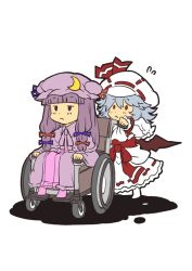 Rule 34 | 2girls, :&lt;, bad id, bad pixiv id, bow, crescent, curiosities of lotus asia, female focus, frills, frown, hat, hat bow, jitome, multiple girls, patchouli knowledge, purple eyes, purple hair, red eyes, remilia scarlet, silver hair, simple background, sitting, skirt, touhou, wheelchair, white background, wings, yagimiwa