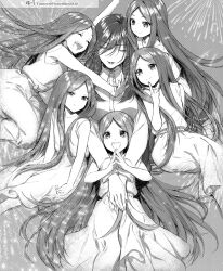 Rule 34 | 6+girls, closed eyes, dress, firework background, fireworks, go-toubun no hanayome, greyscale, highres, long dress, long hair, monochrome, mother and daughter, multiple girls, nakano ichika, nakano itsuki, nakano miku, nakano nino, nakano rena, nakano yotsuba, shirt, siblings, sisters, twins, twitter username, very long hair, white dress, white shirt, yu (flowerbird3830)