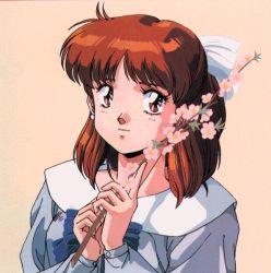 Rule 34 | 1980s (style), 1girl, anice farm, borgman, bow, bowtie, branch, brown eyes, brown hair, cherry blossoms, chouon senshi borgman, earrings, flower, hair ribbon, half updo, holding, jewelry, light smile, long sleeves, looking at viewer, oldschool, pink background, retro artstyle, ribbon, simple background, solo, upper body, white ribbon