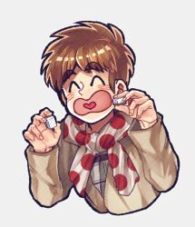 Rule 34 | 1boy, ^ ^, atsuize pen-chan, blush, brown coat, brown hair, closed eyes, coat, commentary request, fingernails, grey background, heart, heart in mouth, katatsumuri (kataaaaaaaaa), long sleeves, mahjong, mahjong tile, male focus, medium bangs, newspaper, open mouth, polka dot neckerchief, short hair, simple background, smile, solo, thick eyebrows, upper body, watanabe yuuichi