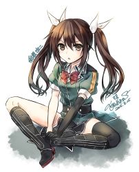 Rule 34 | 10s, 1girl, bad id, bad pixiv id, black footwear, black thighhighs, blush, boots, bow, bowtie, brown eyes, brown hair, dated, dress, elbow gloves, full body, gloves, hair between eyes, hair ribbon, indian style, kantai collection, knee boots, long hair, military, military uniform, pelvic curtain, ribbon, short dress, side slit, signature, simple background, single elbow glove, single thighhigh, sitting, solo, thighhighs, tone (kancolle), tone kai ni (kancolle), twintails, uniform, white background, yuihira asu