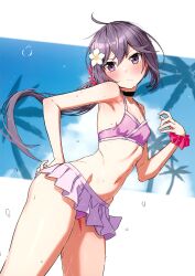 Rule 34 | 1girl, absurdres, akebono (kancolle), bare arms, bikini, bikini skirt, blush, breasts, closed mouth, flower, hair flower, hair ornament, hand on own hip, hand up, highres, kantai collection, long hair, low ponytail, navel, palm leaf, palm tree, purple eyes, purple hair, scrunchie, shiny skin, simple background, skirt, small breasts, solo, stomach, swimsuit, takanashi kei (hitsujikan), thighs, tree, wrist scrunchie