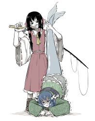 Rule 34 | 2girls, :d, absurdres, animal, black eyes, black hair, blue eyes, blue hair, bow, brown footwear, closed mouth, detached sleeves, dress, drill hair, drill sidelocks, fins, fish, fishing rod, frilled bow, frilled dress, frilled kimono, frills, green kimono, green sleeves, hair bow, hair tubes, hakurei reimu, head fins, highres, holding, holding animal, holding fish, holding fishing rod, japanese clothes, kimono, long sleeves, looking at another, mermaid, miko, monster girl, multiple girls, open mouth, peroponesosu., red bow, red shirt, red skirt, ribbon-trimmed sleeves, ribbon trim, shaded face, shirt, short hair, sidelocks, simple background, skirt, smile, standing, sweat, tongue, tongue out, touhou, wakasagihime, white background, white frills, white sleeves, wide sleeves, yellow neckwear