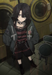 Rule 34 | 1boy, absurdres, black choker, black footwear, black hair, black shorts, chain necklace, chair, choker, earrings, grey eyes, grey jacket, hands in pockets, highres, hood, hooded jacket, jacket, jewelry, laundromat, male focus, mashiro meme, mashiro meme (3rd costume), mohuku94, multicolored hair, necklace, nijisanji, open clothes, open jacket, red hair, shirt, shorts, single earring, solo, streaked hair, striped clothes, striped shirt, virtual youtuber