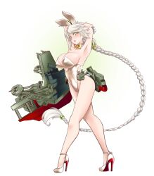 Rule 34 | 1girl, alternate costume, animal ears, armpits, arms behind head, asymmetrical hair, bare legs, bare shoulders, blush, bow, bowtie, braid, breasts, cleavage, coattails, covered navel, detached collar, fake animal ears, fake tail, full body, gloves, half gloves, highleg, highleg leotard, hug, kantai collection, large breasts, leotard, long hair, machinery, playboy bunny, polearm, rabbit ears, rabbit tail, single braid, smile, solo, strapless, strapless leotard, tail, traditional bowtie, udukikosuke, unryuu (kancolle), very long hair, wavy hair, weapon, white footwear, white gloves, white hair, white leotard, wrist cuffs, yellow eyes