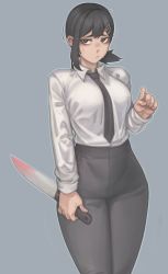 Rule 34 | 1girl, absurdres, black eyes, black hair, blood, bloody knife, bright pupils, chainsaw man, collared shirt, grey background, hair ornament, hairpin, higashiyama kobeni, highres, holding, holding knife, holding weapon, kelvin hiu, knife, looking at viewer, mole, mole under eye, mole under mouth, multiple moles, necktie, pants, parted lips, shirt, shirt tucked in, short hair, short ponytail, simple background, solo, standing, weapon, white pupils, white shirt