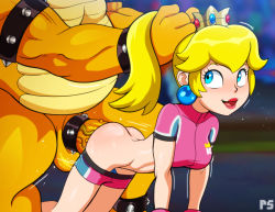 Rule 34 | 1boy, 1girl, absurdres, all fours, armlet, ass, blonde hair, blue eyes, bowser, bracelet, breasts, clothes pull, cock ring, commission, crop top, crown, earrings, grabbing another&#039;s hair, head out of frame, highres, jewelry, lipstick, makeup, mario (series), nintendo, open mouth, penis, ponpu (pumpkinsinclair), ponytail, princess peach, sex, sex from behind, sex toy, shorts, shorts pull, smile, sphere earrings, spiked armlet, spiked bracelet, spiked cock ring, spikes, strikers peach, super mario strikers, veins, veiny penis