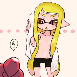 Rule 34 | 1boy, 1girl, bike shorts, blonde hair, breasts, brown eyes, convenient censoring, groin, hair censor, hair over breasts, hand up, holding, holding towel, inkling, inkling girl, inkling player character, legs apart, long hair, miyashiro, mohawk, navel, nintendo, no nose, octoling, octoling player character, open mouth, pointy ears, red hair, short hair, small breasts, speech bubble, splatoon (series), splatoon 2, suction cups, tentacle hair, topless, towel, triangle mouth