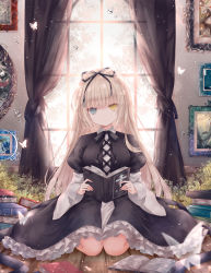 Rule 34 | 1girl, absurdres, animal, backlighting, black dress, black ribbon, blonde hair, blue eyes, book, breasts, bug, butterfly, closed mouth, collared dress, commentary, curtains, dress, english commentary, frilled dress, frills, hair ribbon, head tilt, heterochromia, highres, holding, holding book, indoors, insect, layered sleeves, long hair, long sleeves, looking at viewer, medium breasts, on floor, open book, original, puffy short sleeves, puffy sleeves, ribbon, short over long sleeves, short sleeves, solo, very long hair, wide sleeves, window, wooden floor, yellow eyes, yenshin (k5142204)