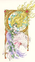Rule 34 | 1990s (style), 1girl, blonde hair, circlet, clamp, dress, emeraude (rayearth), gem, green eyes, leaf, long hair, magic knight rayearth, official art, puffy sleeves, retro artstyle, scan, solo