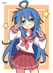 Rule 34 | 1girl, absurdres, ahoge, artist name, blue hair, blush stickers, border, bright pupils, commentary request, double v, green eyes, grin, hendra, highres, inset border, izumi konata, long hair, long sleeves, lucky star, mole, mole under eye, neckerchief, orange background, pleated skirt, red neckerchief, red sailor collar, red skirt, ryouou school uniform, sailor collar, school uniform, shirt, sidelocks, simple background, skirt, smile, solo, star (symbol), uniform, v, white background, white pupils, white shirt