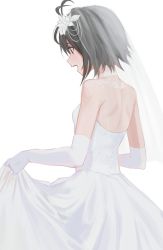Rule 34 | 1girl, antenna hair, backless dress, backless outfit, bad id, bad twitter id, bare back, bare shoulders, black hair, bridal veil, clothes lift, curtsey, dress, dress lift, elbow gloves, facing away, flower, from behind, gloves, hair flower, hair ornament, hd (sw4189101), highres, idolmaster, kikuchi makoto, lifting own clothes, looking ahead, open mouth, short hair, simple background, skirt hold, smile, solo, veil, wedding dress, white background, white dress, white flower, white gloves