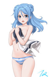 Rule 34 | 1girl, artist logo, blue eyes, blue hair, breasts, clothes in front, commentary request, covering privates, covering breasts, cowboy shot, double bun, doughnut hair bun, hair bun, highres, kantai collection, looking at viewer, medium breasts, medium hair, open mouth, unworn shirt, simple background, solo, standing, t2r, topless, underwear, underwear only, urakaze (kancolle), white background