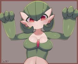 Rule 34 | 1girl, absurdres, arms up, artist name, bad id, bad pixiv id, blush, bob cut, border, breasts, brown background, brown border, closed mouth, collarbone, colored skin, creatures (company), female focus, game freak, gardevoir, gen 3 pokemon, green hair, green skin, hair between eyes, highres, looking down, medium breasts, multicolored skin, nintendo, outside border, pokemon, pokemon (creature), red eyes, ryuusui arumo, shiny skin, short hair, signature, simple background, solo, sweat, two-tone skin, upper body, white skin