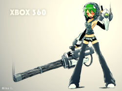 Rule 34 | 1girl, arm guards, arm up, camouflage, game console, gatling gun, gauntlets, green hair, gun, highres, hood, microsoft, mike inel, minigun, personification, red eyes, shorts, simple background, smoke, weapon, white background, woodland camouflage, xbox, xbox 360