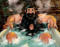 Rule 34 | 1boy, bara, bathtub, beard, blush, brown hair, completely nude, dungeon meshi, dwarf, embearassing art, erection, facial hair, feet out of frame, hairy, half-closed eyes, highres, knees up, large hands, long beard, looking at viewer, male focus, nude, outstretched arms, pectorals, penis, precum, senshi (dungeon meshi), solo, spread arms, steam, thick arm hair, thick chest hair, thick mustache, uncensored, very long beard, wrinkled skin