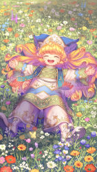 Rule 34 | 1girl, :d, ^ ^, absurdres, anbe yoshirou, blonde hair, blue hat, blush, boots, bug, butterfly, charlotte (seiken densetsu 3), closed eyes, clothing request, commentary, commentary request, english commentary, flower, full body, gem, grass, happy, hat, highres, insect, long hair, long sleeves, lying, mixed-language commentary, official art, on back, open mouth, outstretched arms, pearl (gemstone), seiken densetsu, seiken densetsu 3, signature, smile, solo, teeth, upper teeth only, very long hair