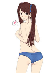 Rule 34 | 10s, 1girl, akazawa izumi, another, ass, back, blue panties, brown eyes, brown hair, covering privates, covering breasts, hair ribbon, heart, ichihisa, long hair, looking at viewer, panties, ribbon, smile, solo, spoken heart, topless, twintails, underwear