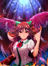 Rule 34 | 1girl, arm cannon, arm up, artist name, bird wings, breasts, brown hair, clenched hand, commentary request, day, dome, expressionless, feathered wings, feathers, fire, furrowed brow, green skirt, hair ribbon, highres, indoors, long hair, looking at viewer, medium breasts, puffy short sleeves, puffy sleeves, red eyes, redrawn, reiuji utsuho, ribbon, shirt, short sleeves, skirt, solo, standing, third eye, torinosukei, touhou, upper body, very long hair, weapon, white shirt, wings