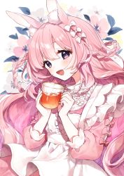 Rule 34 | 1girl, :d, animal ear fluff, animal ears, apron, blush, bow, braid, commentary, cup, dress, floral background, flower, flower on liquid, frilled apron, frills, hair between eyes, hair bow, hands up, holding, holding cup, long hair, long sleeves, open mouth, original, pink dress, pink hair, puffy long sleeves, puffy sleeves, purple eyes, smile, solo, symbol-only commentary, transparent, very long hair, white apron, white bow, white flower, yamabukiiro
