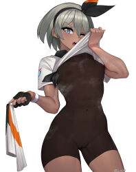 Rule 34 | 1girl, bea (pokemon), black hairband, breasts, brown leotard, cameltoe, clothes lift, commentary, covered navel, cowboy shot, creatures (company), dynamax band, fingerless gloves, game freak, gloves, gluteal fold, grey eyes, grey hair, hairband, half gloves, highres, holding, holding towel, leotard, nintendo, one eye closed, open mouth, pokemon, pokemon swsh, rev60, shirt lift, small breasts, solo, steaming body, towel, twitter username, wristband