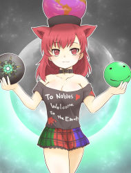 Rule 34 | 1girl, animal ears, armored core, armored core: for answer, bare shoulders, breasts, cat ears, cleavage, clothes writing, collar, collarbone, earth (ornament), hecatia lapislazuli, highres, kemonomimi mode, large breasts, miniskirt, multicolored clothes, multicolored skirt, off-shoulder shirt, off shoulder, parody, red eyes, red hair, reimei (r758120518), shirt, skirt, solo, toto (hitori othello), touhou