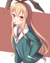 Rule 34 | 10s, 1girl, alternate costume, blonde hair, blush, casual, color1087, hairband, hands in pockets, highres, kantai collection, long hair, shimakaze (kancolle), solo, yellow eyes