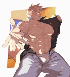 Rule 34 | 1boy, abs, absurdres, armpit hair, armpits, bara, bare pectorals, blonde hair, blush, bulge, chest hair, clothes pull, collared shirt, drunk, facial hair, glasses, hairy, highres, large pectorals, looking at viewer, male focus, male underwear, manly, mature male, muscular, muscular male, navel, navel hair, nipples, one eye closed, open pants, original, pants, pectorals, saturday (hokawazu), shirt, shirt pull, smile, solo, sparkle, squeans, stubble, thick arms, thick eyebrows, thick thighs, thighs, underwear