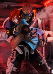 Rule 34 | 1boy, 1girl, aiming, alien, armor, barefoot, black sclera, blue eyes, blue shirt, carrying, colored sclera, commander shepard, commander shepard (female), commentary, commission, english commentary, fewer digits, freckles, frown, garrus vakarian, gun, hair behind ear, hallway, highres, holding, holding gun, holding weapon, long shirt, mad bee, mass effect (series), mass effect 2, power armor, princess carry, red hair, rifle, scope, shirt, sniper rifle, turian, weapon, western comics (style)