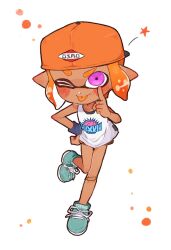 Rule 34 | 1girl, :p, aqua footwear, backwards hat, bandaid, bandaid on knee, bandaid on leg, closed mouth, commentary, eeeeekyawaiii, full body, hat, highres, inkling, inkling girl, inkling player character, nintendo, one eye closed, orange hair, orange hat, pink eyes, pointy ears, shirt, shoes, short hair, solo, splatoon (series), symbol-only commentary, tongue, tongue out, white background, white shirt