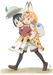 Rule 34 | 10s, 2girls, :d, animal ears, animal print, ankle boots, backpack, bag, bare shoulders, belt, black eyes, black gloves, black hair, black legwear, blush, boots, bow, bowtie, brown belt, brown eyes, brown footwear, brown ribbon, bucket hat, carrying, collarbone, commentary request, dot nose, elbow gloves, extra ears, eye contact, eyelashes, footwear ribbon, full body, gloves, grass, grey hat, hand on another&#039;s shoulder, hat, holding, holding clothes, holding hat, in bag, in container, kaban (kemono friends), kemono friends, loafers, looking at another, looking to the side, lucky beast (kemono friends), multiple girls, nose blush, open mouth, orange hair, outdoors, pantyhose, piggyback, pocket, print bow, print bowtie, print gloves, print legwear, print neckwear, print skirt, red shirt, ribbon, satsuyo, serval (kemono friends), serval print, serval tail, shadow, shirt, shoe soles, shoes, short hair, short sleeves, shorts, signature, skirt, sleeveless, sleeveless shirt, smile, striped tail, tail, tareme, thighhighs, unworn hat, unworn headwear, walking, white background, white footwear, white shirt, zettai ryouiki
