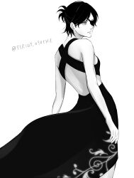 Rule 34 | 1girl, absurdres, breasts, commentary request, contrapposto, dress, expressionless, eyepatch, greyscale, hange zoe, highres, long dress, monochrome, photo-referenced, shingeki no kyojin, sirius 0905hz, small breasts, solo, twitter username