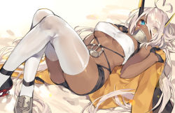 Rule 34 | 1girl, aemochi, ahoge, azur lane, bad id, bad pixiv id, bandeau, black shorts, blue eyes, blush stickers, breasts, crossed legs, dark-skinned female, dark skin, hair over one eye, heart, heart ahoge, heterochromia, indianapolis (azur lane), large breasts, long hair, looking at viewer, lying, on back, shorts, silver hair, solo, thighhighs, thighs, very long hair, white thighhighs, yellow eyes