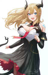 Rule 34 | 1girl, :d, artist name, bare shoulders, black dress, black horns, blonde hair, blue eyes, blue nails, breasts, character name, claire lamund (nhaliz), cleavage, demon girl, detached sleeves, dress, fangs, highres, horns, large breasts, long hair, looking at viewer, mole, mole on breast, nail polish, nhaliz, open mouth, original, pointy ears, shoulder tattoo, signature, simple background, smile, solo, tail, tattoo, teeth, upper teeth only, white background