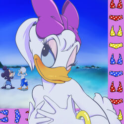 Rule 34 | 1girl, 2boys, bangle, beach, beak, bikini, bird boy, bird girl, bird tail, black eyes, blue bikini, blue sclera, blue sky, blush, body fur, bow, bracelet, colored sclera, completely nude, covering privates, covering chest, daisy duck, day, disney, donald duck, eyelashes, eyeshadow, female focus, flat chest, furry, furry female, furry male, gold bracelet, hair bow, hair tie, hands up, happy, horizon, jewelry, leaning forward, mickey mouse, mouse boy, multiple boys, nude, ocean, oira wa arumajiro, one eye closed, open mouth, outdoors, own hands together, pink eyeshadow, polka dot, polka dot bikini, ponytail, purple bow, red bikini, short hair, sky, smile, solo focus, standing, swimsuit, tail, upper body, white fur, white hair, wink, yellow bikini