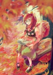 Rule 34 | 1girl, :o, absurdres, animal crossing, animal ears, artist name, autumn leaves, black footwear, blurry, blurry foreground, book, braid, brown eyes, floral print, glasses, highres, nintendo, open book, outdoors, personification, poppy (animal crossing), short sleeves, sitting, skirt, tree, youcing